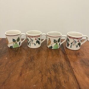 4 HARTSTONE POTTERY Partridge In A Pear Tree, Holly Ribbon Mug Sponge Rim, Vtg